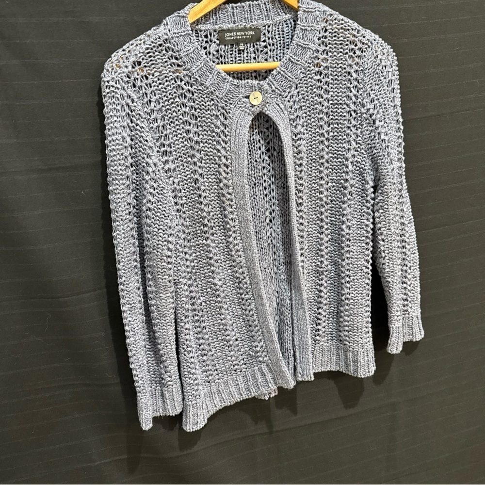 Jones New York Collection Petite Small Open Front Chunky Knit Cardigan Sweater - Picture 3 of 10
